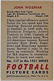 Card Number 117, John Wozniak, Guard, New York Yanks, from the Bowman Football series (R407-3) issued by Bowman Gum, Issued by Bowman Gum Company, Commercial color lithograph