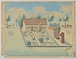 Bird's Eye View of a House and Garden with a Danish Flag Flying, Anonymous, Watercolor, pen and black ink, brush and gray ink