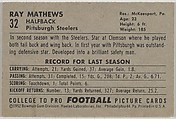 Ray Mathews, Pittsburgh Steelers, from the Bowman Football series (R407-4) issued by Bowman Gum, Issued by Bowman Gum Company, Commercial color lithograph