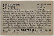 Brad "Whitie" Ecklund, Dallas Texans, from the Bowman Football series (R407-4) issued by Bowman Gum, Issued by Bowman Gum Company, Commercial color lithograph