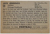 Jack Jennings, from the Bowman Football series (R407-4) issued by Bowman Gum, Issued by Bowman Gum Company, Commercial color lithograph
