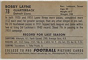 Bobby Layne, Detroit Lions, from the Bowman Football series (R407-4) issued by Bowman Gum, Issued by Bowman Gum Company, Commercial color lithograph