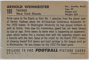 Arnold Weinmeister, New York Giants, from the Bowman Football series (R407-4) issued by Bowman Gum, Issued by Bowman Gum Company, Commercial color lithograph