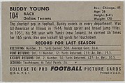 Buddy Young, Dallas Texans, from the Bowman Football series (R407-4) issued by Bowman Gum, Issued by Bowman Gum Company, Commercial color lithograph