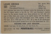 Lou Groza, Cleveland Browns, from the Bowman Football series (R407-4) issued by Bowman Gum, Issued by Bowman Gum Company, Commercial color lithograph