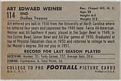 Art Weiner, Dallas Texans, from the Bowman Football series (R407-4) issued by Bowman Gum, Issued by Bowman Gum Company, Commercial color lithograph