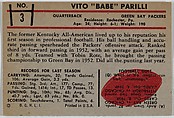Vito "Babe" Parilli, Packers, from the Bowman Football series (R407-5) issued by Bowman Gum, Issued by Bowman Gum Company, Commercial color lithograph
