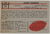 John Karras, Cardinals, from the Bowman Football series (R407-5) issued by Bowman Gum, Issued by Bowman Gum Company, Commercial color lithograph