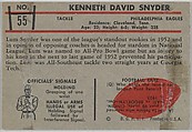 Ken Snyder, Eagles, from the Bowman Football series (R407-5) issued by Bowman Gum, Issued by Bowman Gum Company, Commercial color lithograph