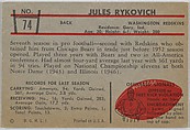 Jules Rykovich, Redskins, from the Bowman Football series (R407-5) issued by Bowman Gum, Issued by Bowman Gum Company, Commercial color lithograph