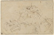 Studies for an Adoration of the Shepherds, Adriaen Brouwer  Flemish, Pen and brown ink, over black chalk; framing line in pen and brown ink, probably by a later hand