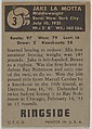 Jake La Motta, Middleweight Champion, 1949-1951, from the Topps Ringside series (R411) issued by Topps Chewing Gum Company, Issued by Topps Chewing Gum Company (American, Brooklyn), Commercial color lithograph