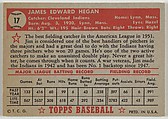 Card Number 17, Jim Hegan, Cleveland Indians, from the Topps Baseball series (R414-6) issued by Topps Chewing Gum Company, Issued by Topps Chewing Gum Company (American, Brooklyn), Commercial color lithograph