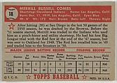 Card Number 18, Merrill Combs, Cleveland Indians, from the Topps Baseball series (R414-6) issued by Topps Chewing Gum Company, Issued by Topps Chewing Gum Company (American, Brooklyn), Commercial color lithograph