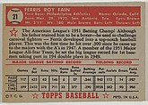 Card Number 21, Ferris Fain, Philadelphia Athletics, from the Topps Baseball series (R414-6) issued by Topps Chewing Gum Company, Issued by Topps Chewing Gum Company (American, Brooklyn), Commercial color lithograph