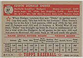 Card Number 37, Duke Snider, Brooklyn Dodgers, from the Topps Baseball series (R414-6) issued by Topps Chewing Gum Company, Issued by Topps Chewing Gum Company (American, Brooklyn), Commercial color lithograph