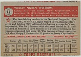 Card Number 75, Wes Westrum, New York Giants, from the Topps Baseball series (R414-6) issued by Topps Chewing Gum Company, Issued by Topps Chewing Gum Company (American, Brooklyn), Commercial color lithograph