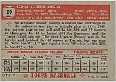 Card Number 89, Johnny Lipon, Detroit Tigers, from the Topps Baseball series (R414-6) issued by Topps Chewing Gum Company, Issued by Topps Chewing Gum Company (American, Brooklyn), Commercial color lithograph