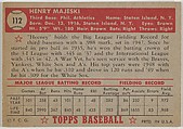 Card Number 112, Henry Majeski, Philadelphia Athletics, from the Topps Baseball series (R414-6) issued by Topps Chewing Gum Company, Issued by Topps Chewing Gum Company (American, Brooklyn), Commercial color lithograph