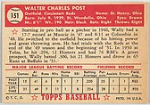Card Number 151, Wally Post, Cincinnati Reds, from the Topps Baseball series (R414-6) issued by Topps Chewing Gum Company, Issued by Topps Chewing Gum Company (American, Brooklyn), Commercial color lithograph