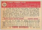 Card Number 163, Stan Rojek, St. Louis Browns, from the Topps Baseball series (R414-6) issued by Topps Chewing Gum Company, Issued by Topps Chewing Gum Company (American, Brooklyn), Commercial color lithograph