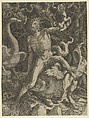 Fury personified as an emaciated man astride a monster, holding a skull in his raised left hand, Giovanni Jacopo Caraglio Italian, Engraving