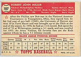 Card Number 187, Bob Miller, Fightin' Philadelphia Phillies, from the Topps Baseball series (R414-6) issued by Topps Chewing Gum Company, Issued by Topps Chewing Gum Company (American, Brooklyn), Commercial color lithograph