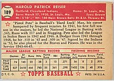 Card Number 189, Pete Reiser, Cleveland Indians, from the Topps Baseball series (R414-6) issued by Topps Chewing Gum Company, Issued by Topps Chewing Gum Company (American, Brooklyn), Commercial color lithograph