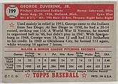 Card Number 199, George Zuverink, Cleveland Indians, from the Topps Baseball series (R414-6) issued by Topps Chewing Gum Company, Issued by Topps Chewing Gum Company (American, Brooklyn), Commercial color lithograph