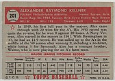 Card Number 201, Alex Kellner, from the Topps Baseball series (R414-6) issued by Topps Chewing Gum Company, Issued by Topps Chewing Gum Company (American, Brooklyn), Commercial color lithograph