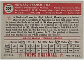 Card Number 209, Howie Fox, Fightin' Philadelphia Phillies, from the Topps Baseball series (R414-6) issued by Topps Chewing Gum Company, Issued by Topps Chewing Gum Company (American, Brooklyn), Commercial color lithograph