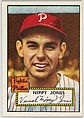 Card Number 213, Nippy Jones, Fightin' Philadelphia Phillies, from the Topps Baseball series (R414-6) issued by Topps Chewing Gum Company, Issued by Topps Chewing Gum Company (American, Brooklyn), Commercial color lithograph