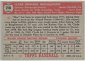 Card Number 218, Clyde McCullough, Pittsburgh Pirates, from the Topps Baseball series (R414-6) issued by Topps Chewing Gum Company, Issued by Topps Chewing Gum Company (American, Brooklyn), Commercial color lithograph