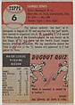 Card Number 6, Sam Jones, Pitcher, Cleveland Indians, from the series Topps Dugout Quiz (R414-7), issued by Topps Chewing Gum Company, Issued by Topps Chewing Gum Company (American, Brooklyn), Commercial color lithograph