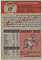 Card Number 17, Billy Hitchcock, Infielder, Philadelphia Athletics, from the series Topps Dugout Quiz (R414-7), issued by Topps Chewing Gum Company, Issued by Topps Chewing Gum Company (American, Brooklyn), Commercial color lithograph