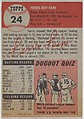 Card Number 24, Ferris Fain, First Base, Philadelphia Athletics, from the series Topps Dugout Quiz (R414-7), issued by Topps Chewing Gum Company, Issued by Topps Chewing Gum Company (American, Brooklyn), Commercial color lithograph