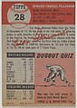 Card Number 28, Eddie Pellagrini, Infielder, Cincinnati Reds, from the series Topps Dugout Quiz (R414-7), issued by Topps Chewing Gum Company, Issued by Topps Chewing Gum Company (American, Brooklyn), Commercial color lithograph