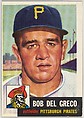 Card Number 48, Bob Del Greco, Outfielder, Pittsburgh Pirates, from the series Topps Dugout Quiz (R414-7), issued by Topps Chewing Gum Company, Issued by Topps Chewing Gum Company (American, Brooklyn), Commercial color lithograph