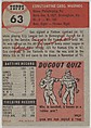 Card Number 63, Gus Niarhos, Catcher, Boston Red Sox, from the series Topps Dugout Quiz (R414-7), issued by Topps Chewing Gum Company, Issued by Topps Chewing Gum Company (American, Brooklyn), Commercial color lithograph