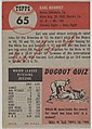 Card Number 65, Earl Harrist, Pitcher, St. Louis Browns, from the series Topps Dugout Quiz (R414-7), issued by Topps Chewing Gum Company, Issued by Topps Chewing Gum Company (American, Brooklyn), Commercial color lithograph