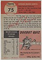 Card Number 75, Mike Garcia, Pitcher, Cleveland Indians, from the series Topps Dugout Quiz (R414-7), issued by Topps Chewing Gum Company, Issued by Topps Chewing Gum Company (American, Brooklyn), Commercial color lithograph
