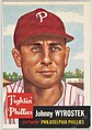 Card Number 79, Johnny Wyrostek, Outfielder, Philadelphia Phillies, from the series Topps Dugout Quiz (R414-7), issued by Topps Chewing Gum Company, Issued by Topps Chewing Gum Company (American, Brooklyn), Commercial color lithograph