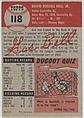 Card Number 118, Gus Bell, Outfielder, Cincinnati Reds, from the series Topps Dugout Quiz (R414-7), issued by Topps Chewing Gum Company, Issued by Topps Chewing Gum Company (American, Brooklyn), Commercial color lithograph