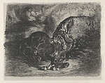 Wild Horse Felled by a Tiger, Eugène Delacroix French, Lithograph on chine collé; first state of four