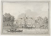 The Old Stock Exchange (Koopmansbeurs), Rotterdam, seen from the East, with the Kolk and the Beursplein in the Foreground, Jan de Beijer  Dutch, Black chalk, pen and black ink, brush and gray wash; framing lines in pen and black ink; framing lines in pen and black ink and brush and gray wash, by the artist
