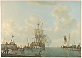 A Man O'War Lying at Anchor, Johannes Christiaan Schotel Dutch, Pen and brown ink, watercolor; framing line in graphite