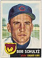 Card Number 144, Bob Schultz, Pitcher, Chicago Cubs, from the series Topps Dugout Quiz (R414-7), issued by Topps Chewing Gum Company, Issued by Topps Chewing Gum Company (American, Brooklyn), Commercial color lithograph
