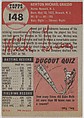 Card Number 148, Mickey Grasso, Catcher, Washington Senators, from the series Topps Dugout Quiz (R414-7), issued by Topps Chewing Gum Company, Issued by Topps Chewing Gum Company (American, Brooklyn), Commercial color lithograph