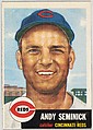 Card Number 153, Andy Seminick, Catcher, Cincinnati Reds, from the series Topps Dugout Quiz (R414-7), issued by Topps Chewing Gum Company, Issued by Topps Chewing Gum Company (American, Brooklyn), Commercial color lithograph