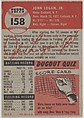 Card Number 158, John Logan, Shortstop, Boston Braves, from the series Topps Dugout Quiz (R414-7), issued by Topps Chewing Gum Company, Issued by Topps Chewing Gum Company (American, Brooklyn), Commercial color lithograph